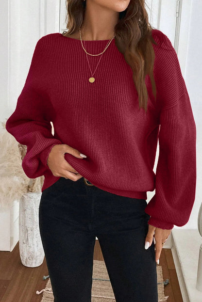 Red Dahlia Ribbed Knit Ribbon Knot Backless Drop Shoulder Sweater