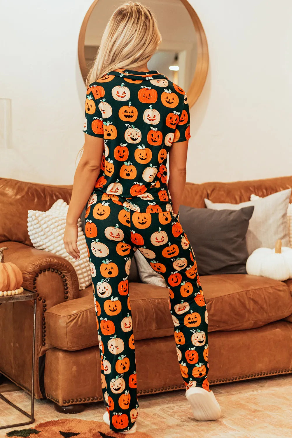 Orange Halloween Pattern Short Sleeve Shirt Pajama Set - Chic Meadow Boutique 