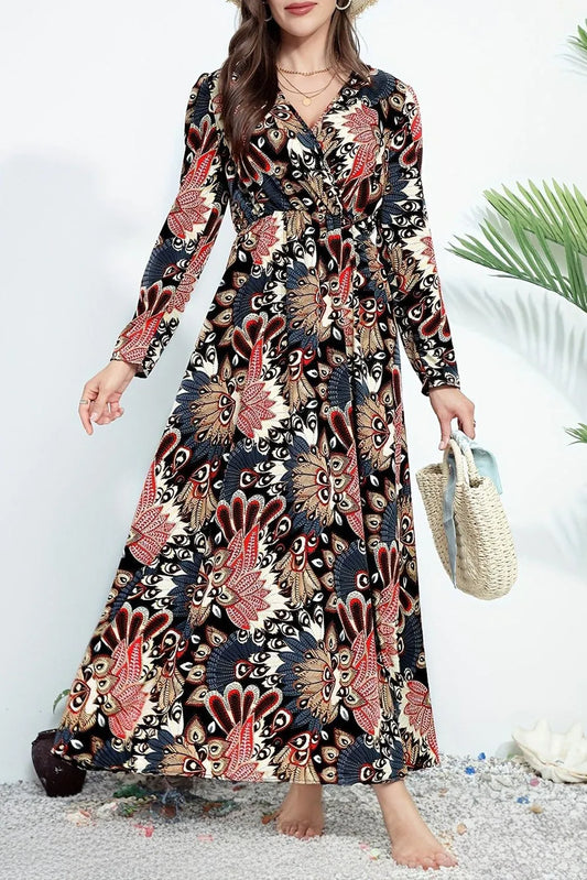 Black Floral Print V Neck Wrap High Waist Maxi Dress - Chic Meadow Boutique 