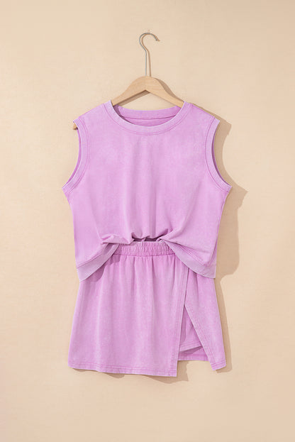 Phalaenopsis 2 Pieces Mineral Wash Cotton Tank Top Lined Split Skirt Set