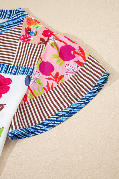 Pink Floral Striped Patchwork Short Sleeve Split Neck Blouse