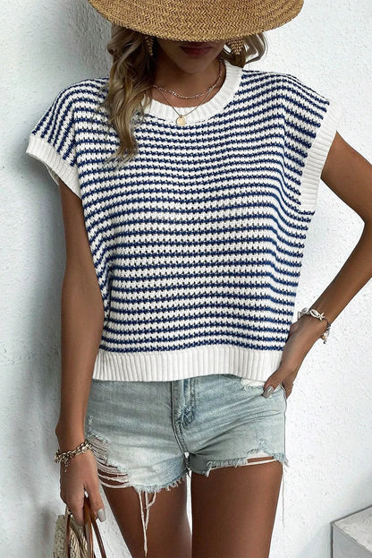 Blue Stripe Ribbed Trim Loose Fit Knitted Sweater Vest - Chic Meadow Boutique 