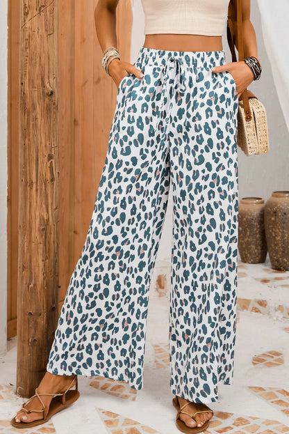 White Leopard Print Pocketed Wide Leg Pants - Chic Meadow Boutique 