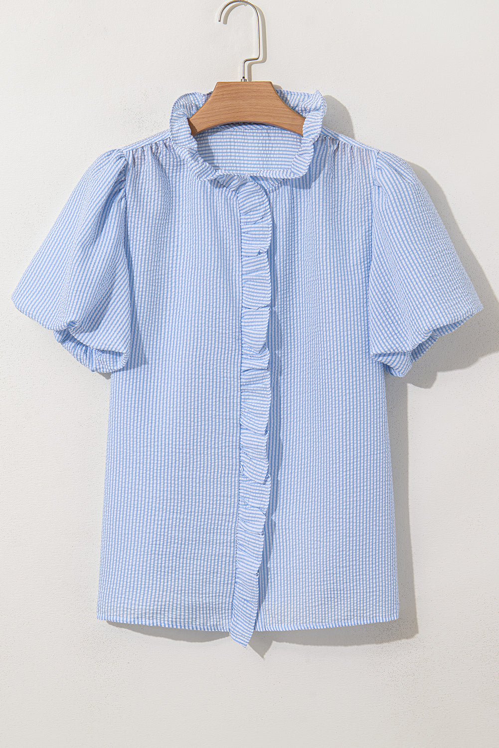 Beau Blue Striped Ruffle Short Bubble Sleeve Shirt