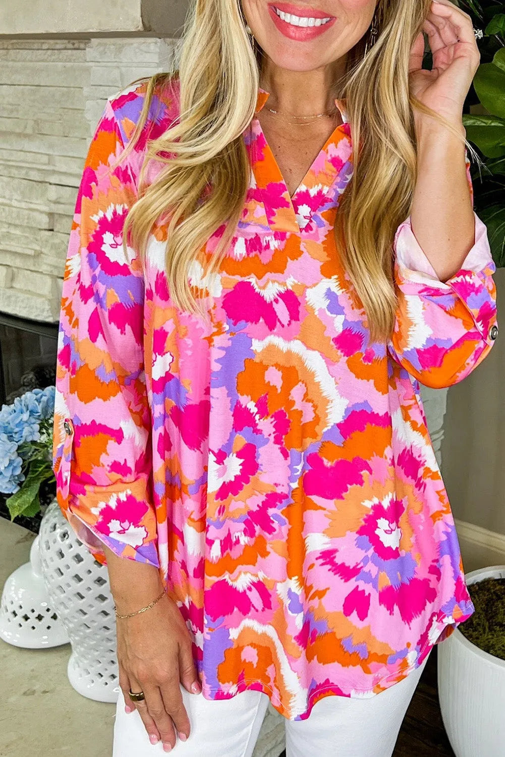 Pink Abstract Print Tab Sleeve Notched Neck Blouse - Chic Meadow Boutique 