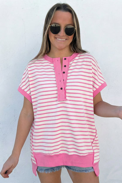 Pink Stripe Half Placket High Low Short Sleeve Top