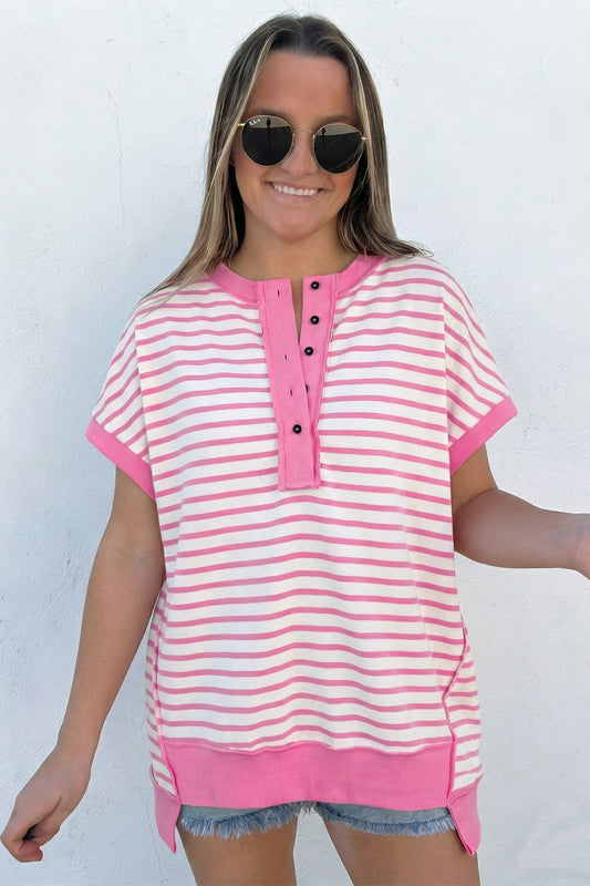 Pink Stripe Half Placket High Low Short Sleeve Top