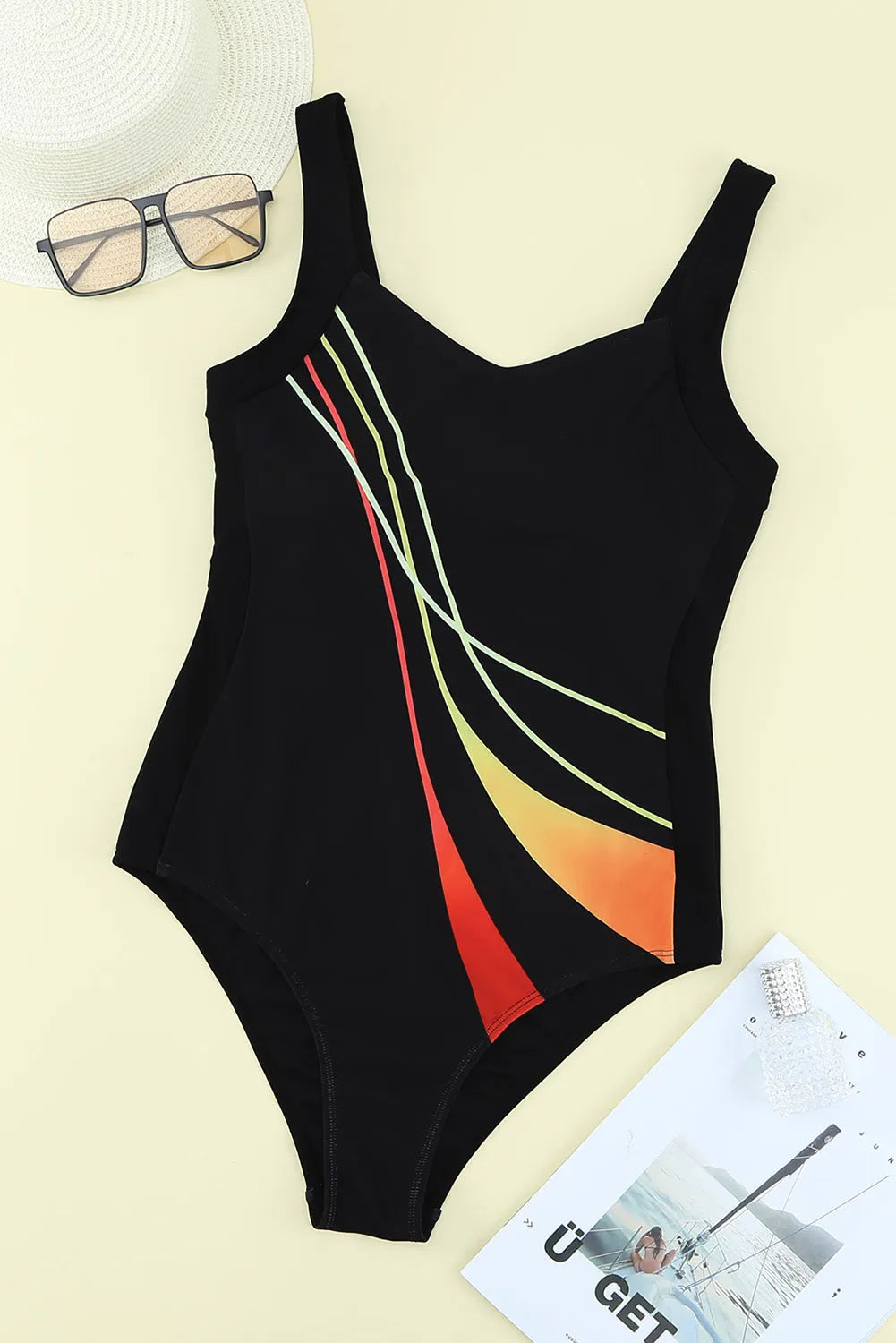 Black Striped Pattern Print Sleeveless One-piece Swimsuit - Chic Meadow Boutique 