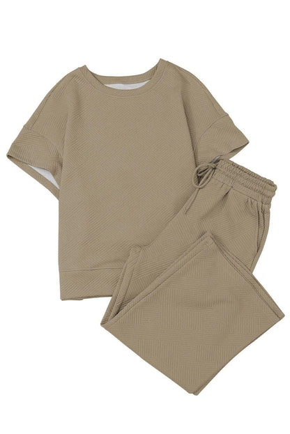 Pale Khaki Textured Loose Fit T Shirt and Drawstring Pants Set - Chic Meadow Boutique 