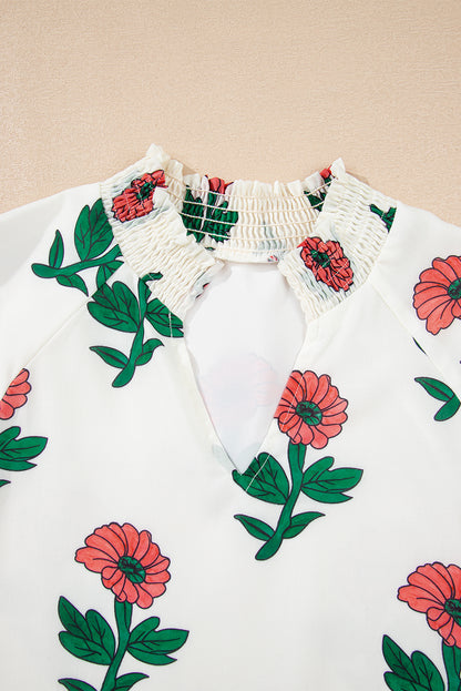 Beige Floral Print Shirred Split Neck Short Sleeve Blouse