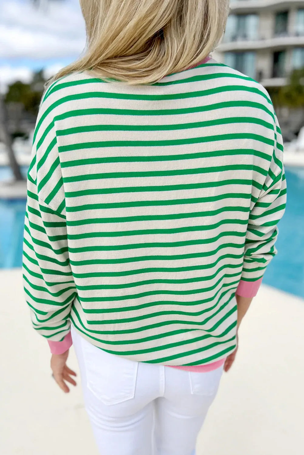 Bright Green Striped Contrast Edge Long Sleeve Top - Chic Meadow Boutique 