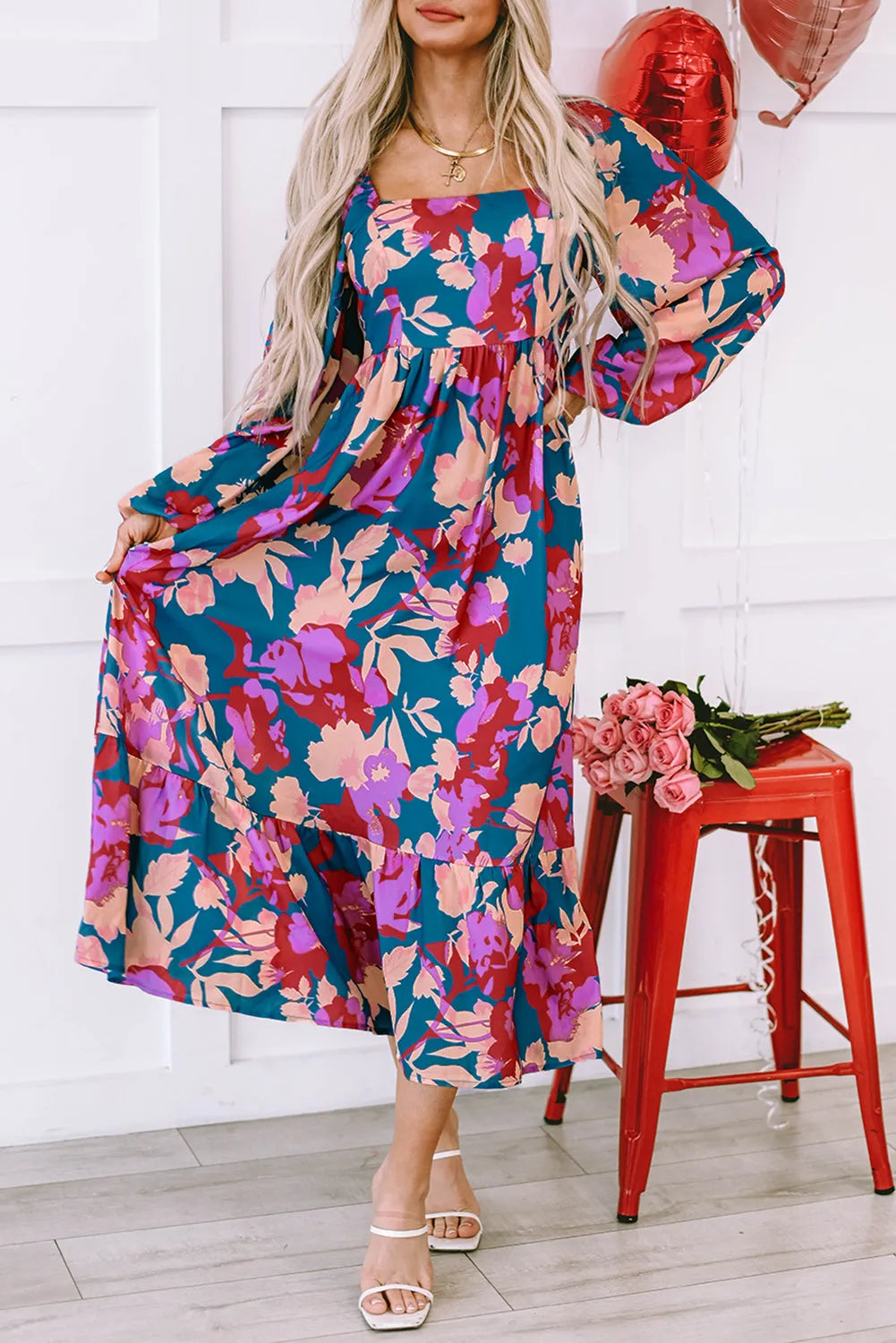 Multicolour Floral Print Square Neck Ruffled High Waist Dress - Chic Meadow Boutique 