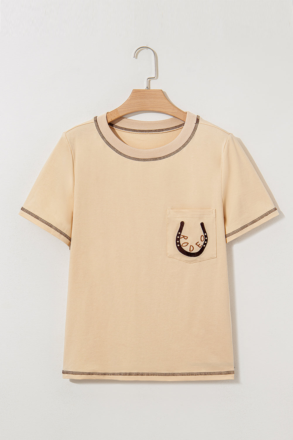 Apricot RODEO Horseshoe Embroidered Patch Pocket T Shirt