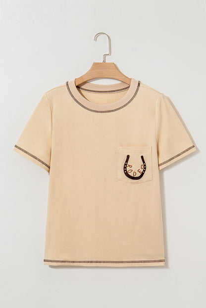 Apricot RODEO Horseshoe Embroidered Patch Pocket T Shirt