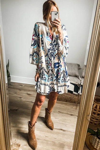 White Printed Tribal Print Bracelet Sleeve Buttoned Mini Dress - Chic Meadow Boutique 