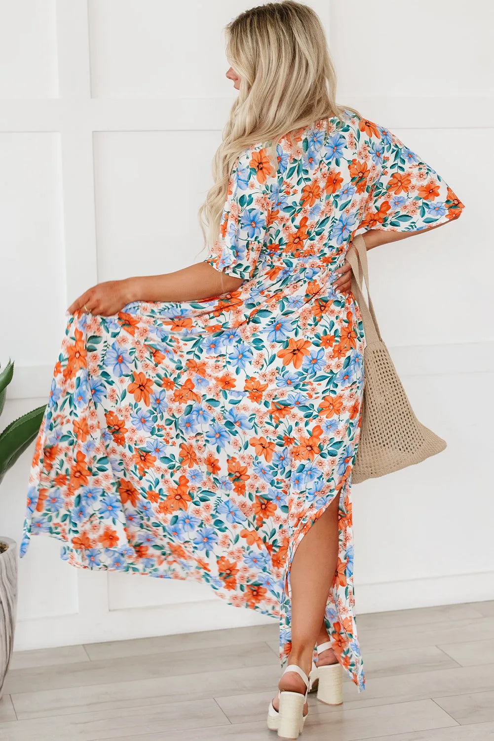 Sky Blue Floral Print Wrap Belted Maxi Dress - Chic Meadow Boutique 