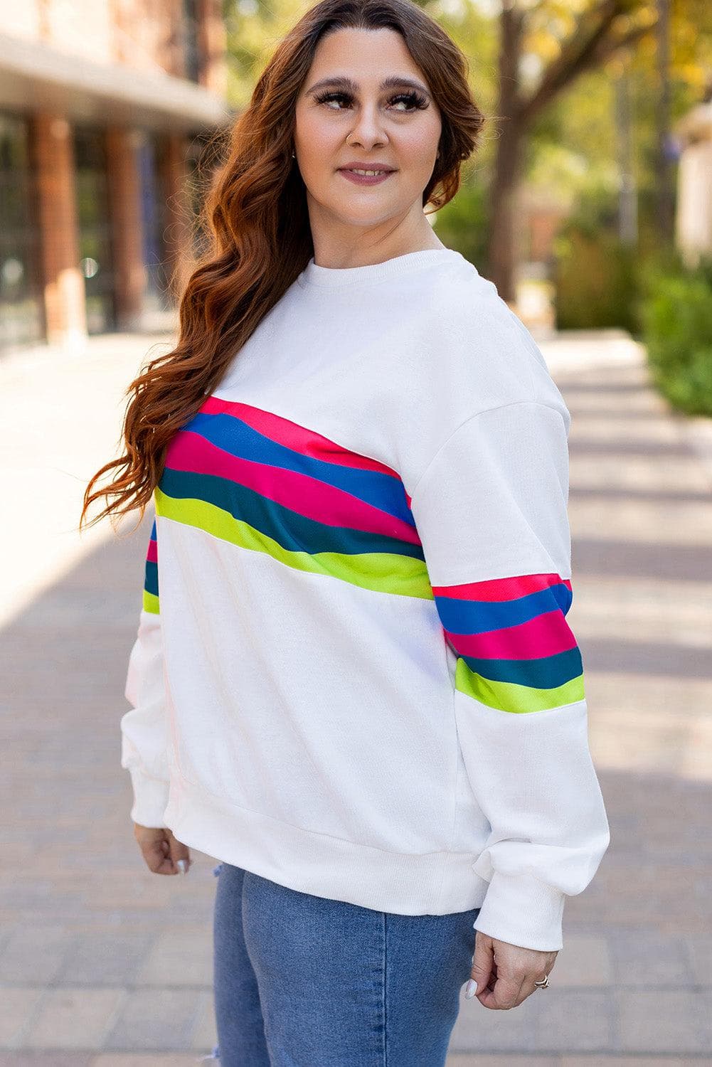 Plus Size/Plus Size Sweatshirts & Hoodies White Plus Size Colorful Striped Drop Shoulder Loose Sweatshirt