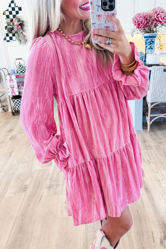 Strawberry Pink Flounce Sleeve Tiered Ruffled Velvet Mini Dress - Chic Meadow Boutique 