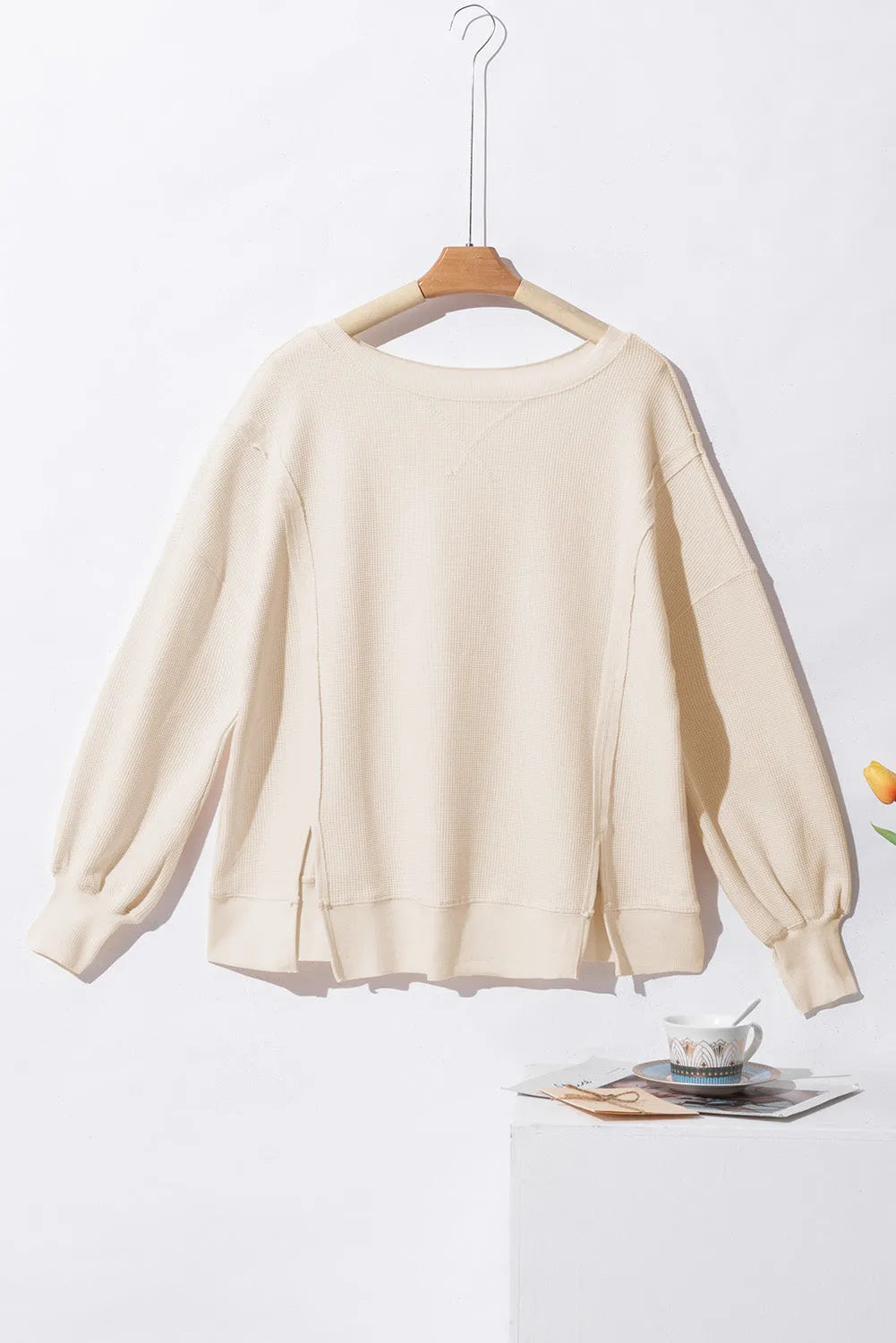 Tops/Sweatshirts & Hoodies White Waffle Knit Bishop Sleeve Split Oversized Sweatshirt