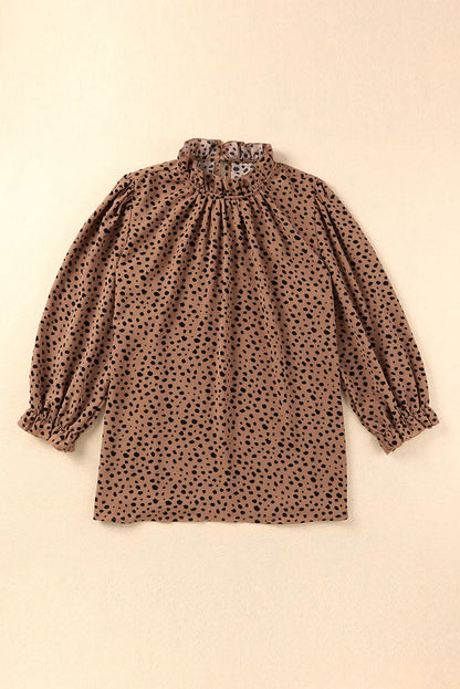 Brown Frilled Neck 3/4 Sleeves Cheetah Blouse - Chic Meadow Boutique 