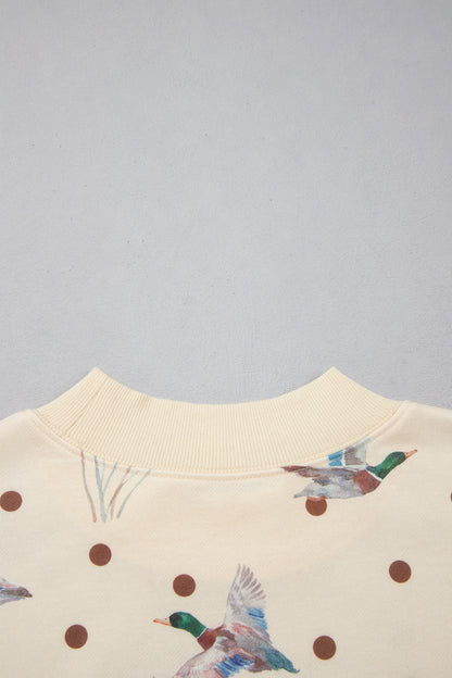 Beige Polka Dot Mallard Print Crewneck Pullover Two Piece Pants Set
