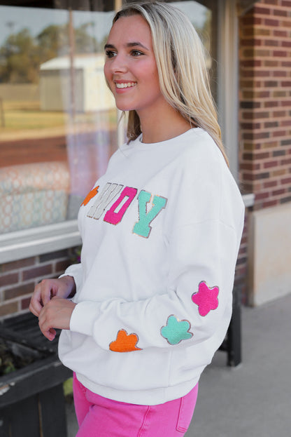 White Howdy Glitter Chenille Patch Graphic Casual Sweatshirt