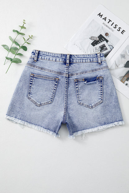 Beau Blue Pearl Studded Pockets Raw Hem Denim Shorts