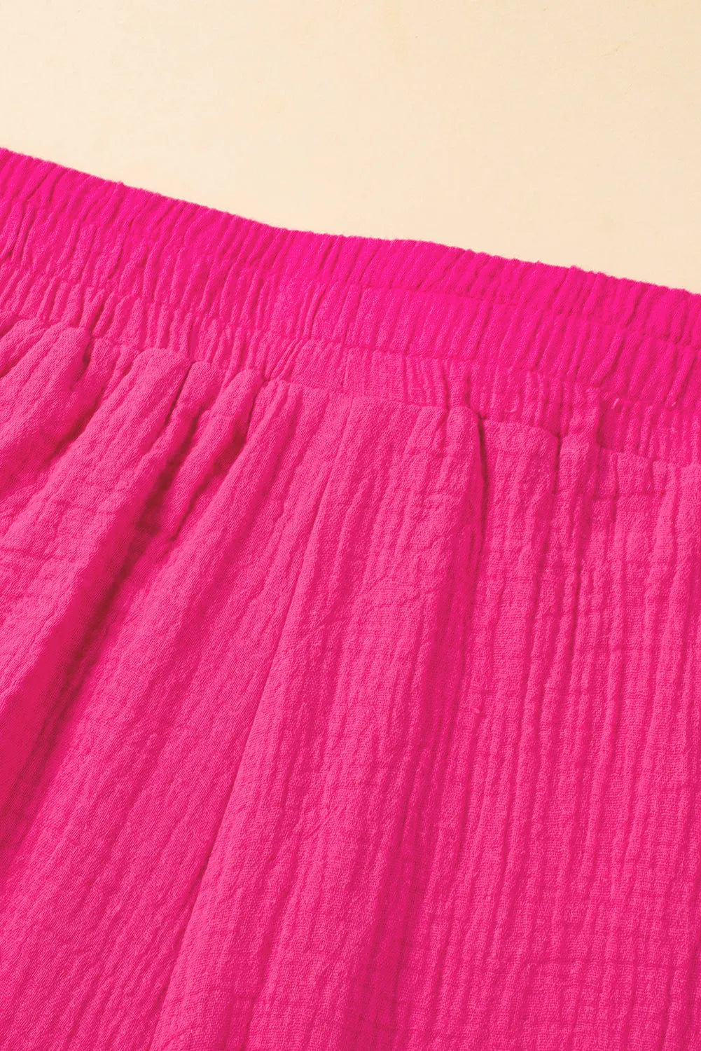 Bright Pink Crinkled Textured Square Neck Puff Sleeve and Shorts Set - Chic Meadow Boutique 