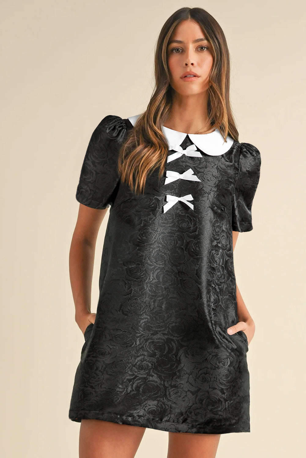 Black Floral Embossed Puff Sleeve Colorblock Bow Collared Mini Dress