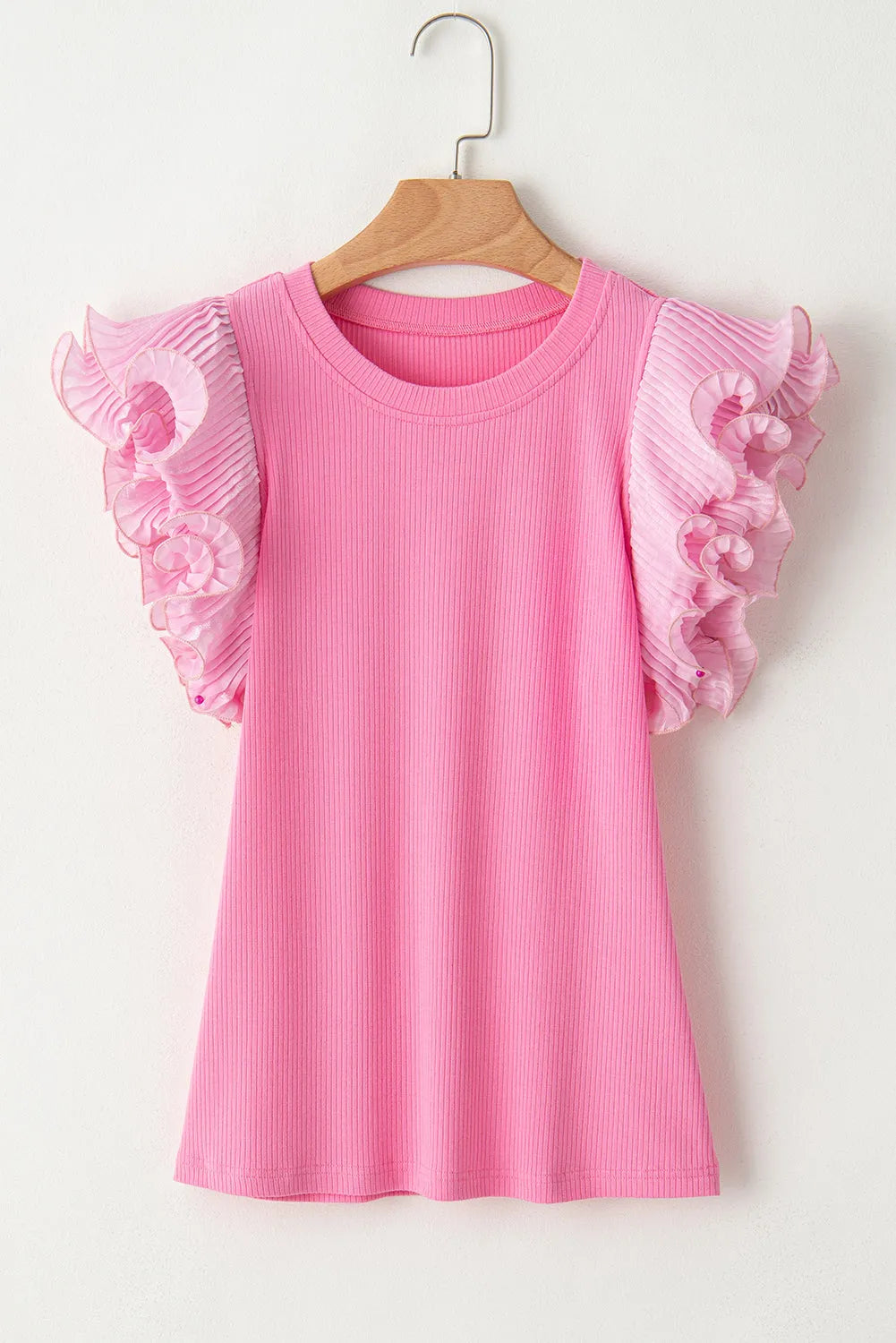 Strawberry Pink Ruffled Pleated Mesh Sleeve Ribbed Knit Slim Fit T Shirt - Chic Meadow Boutique 