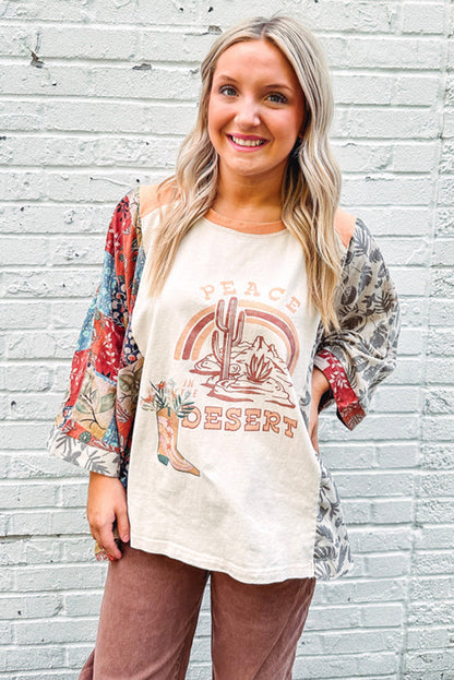 Multicolour Asymmetric Printed Patchwork Sleeve Peace Desert Graphic Top