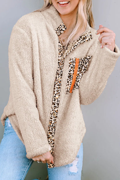 Apricot Leopard Patched Zipped Pocket Fleece Jacket - Chic Meadow Boutique 