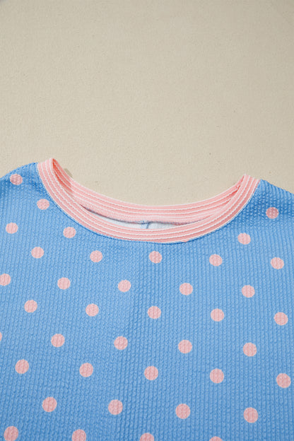 Sky Blue Raised Rib Polka Dot Print Cuffed Short Sleeve Top