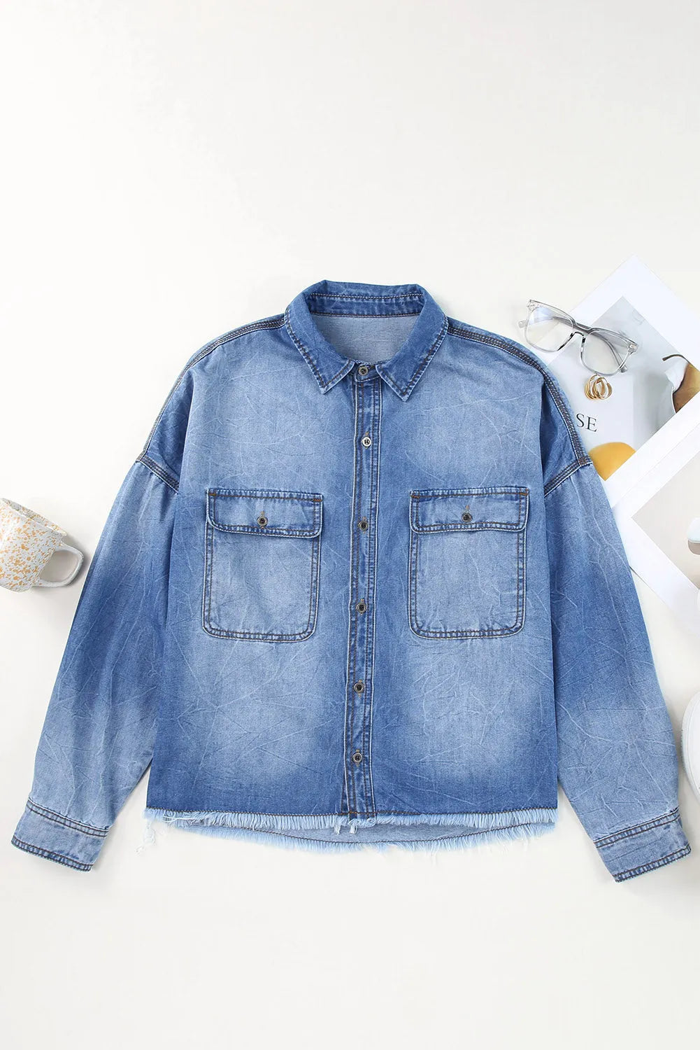 Sky Blue Flap Pockets Raw Hem Denim Shacket - Chic Meadow Boutique 