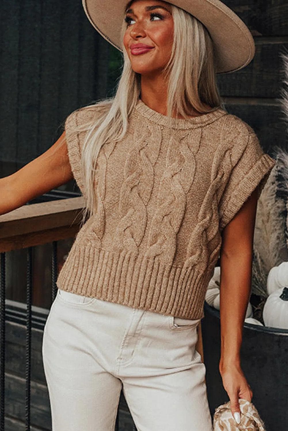 Light French Beige Cap Sleeve Cable Knit Sweater - Chic Meadow Boutique 