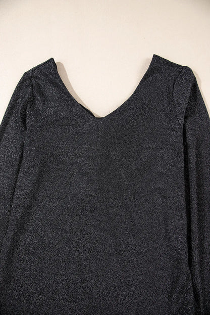 Black Metallic Bowknot Open Back V Neck Top - Chic Meadow Boutique 