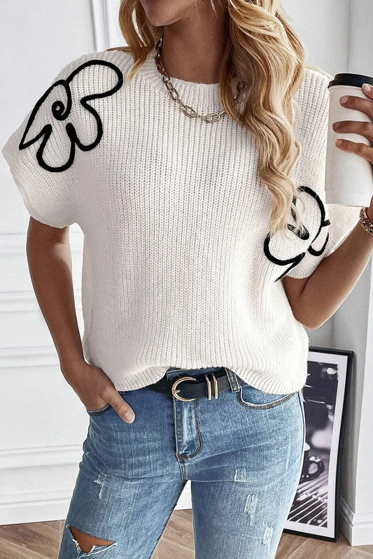 White Flower Embroidery Sweater Top - Chic Meadow Boutique 