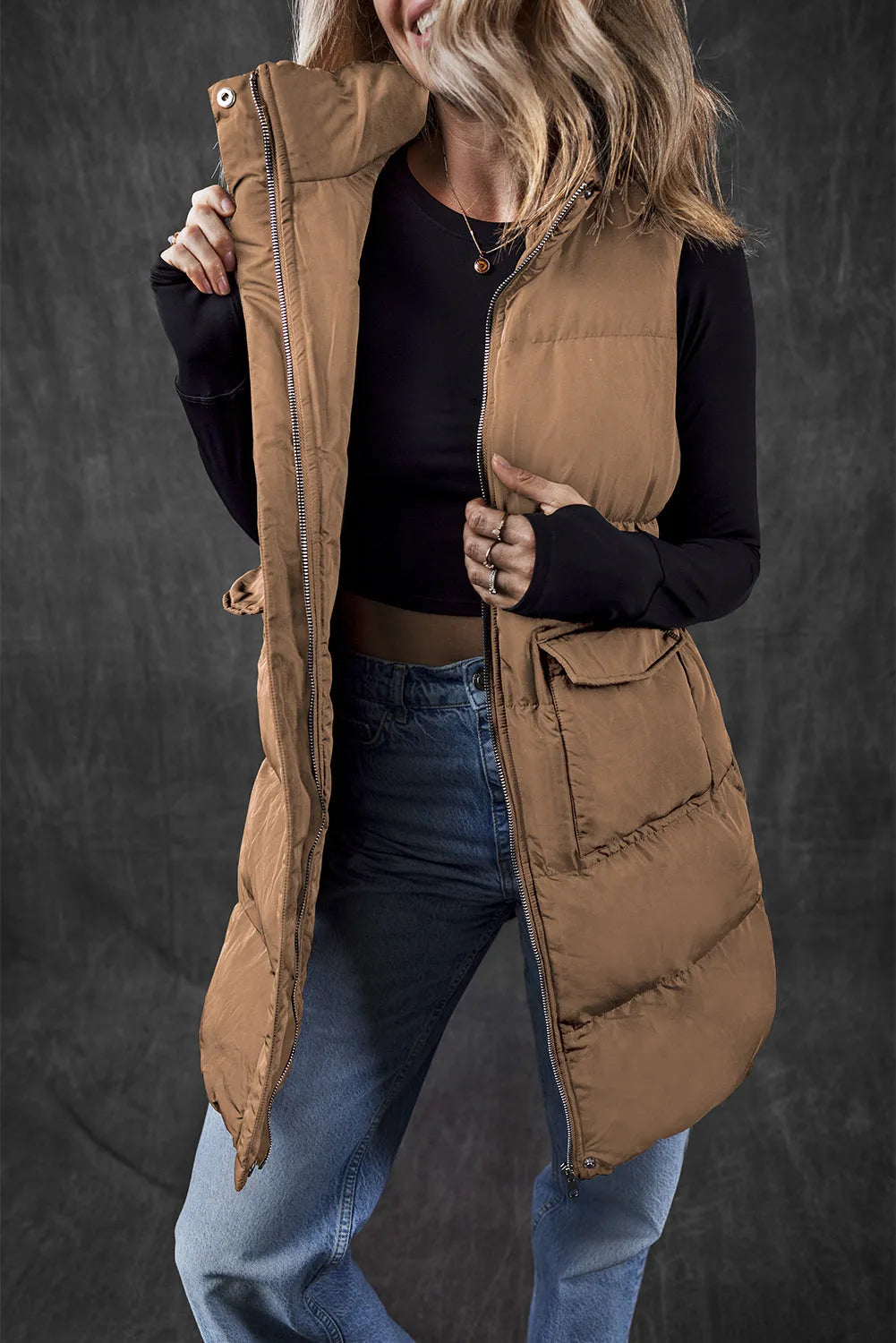 Coffee Windproof Longline Full Zipper Puffer Vest with Pockets - Chic Meadow Boutique 