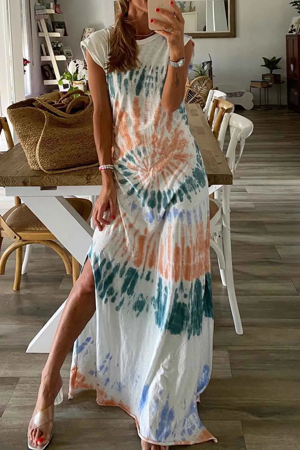 White Cap Sleeve Tie Dye Long Slit Dress - Chic Meadow Boutique 