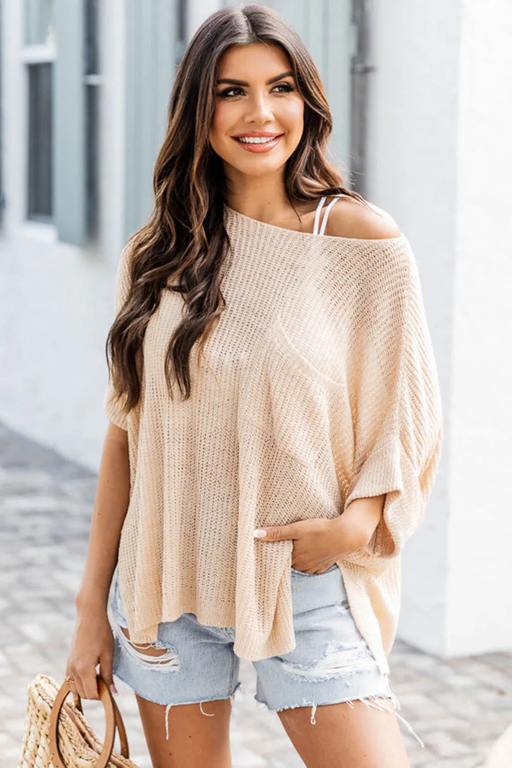 Apricot Loose Fit Split Pocket Half Sleeve Knitted Top - Chic Meadow Boutique 