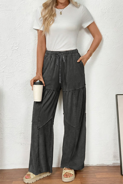 Black Mineral Wash Tiered Wide Leg Patchwork Drawstring Pants