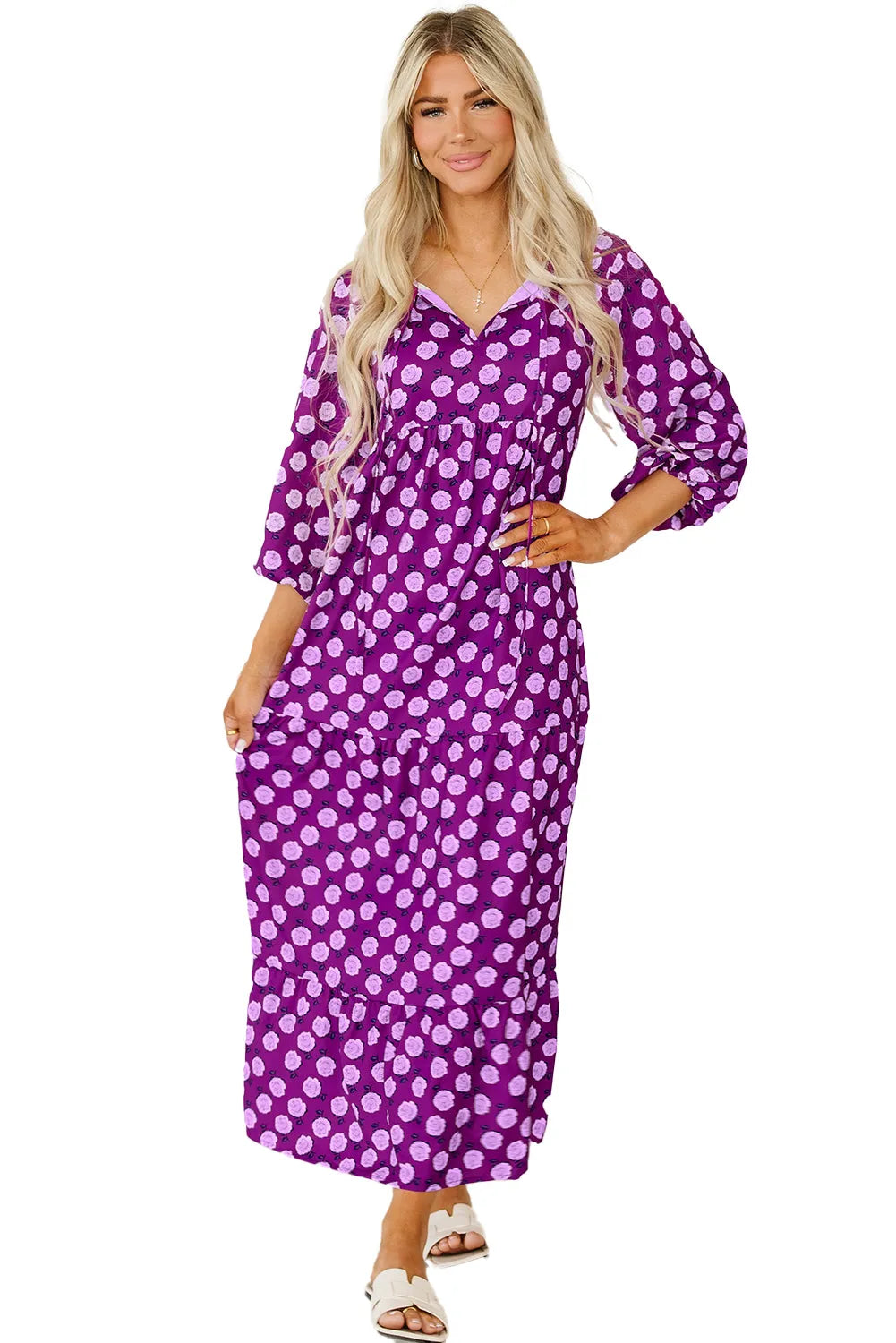 Purple Boho Printed Puff Sleeve Maxi Dress - Chic Meadow Boutique 