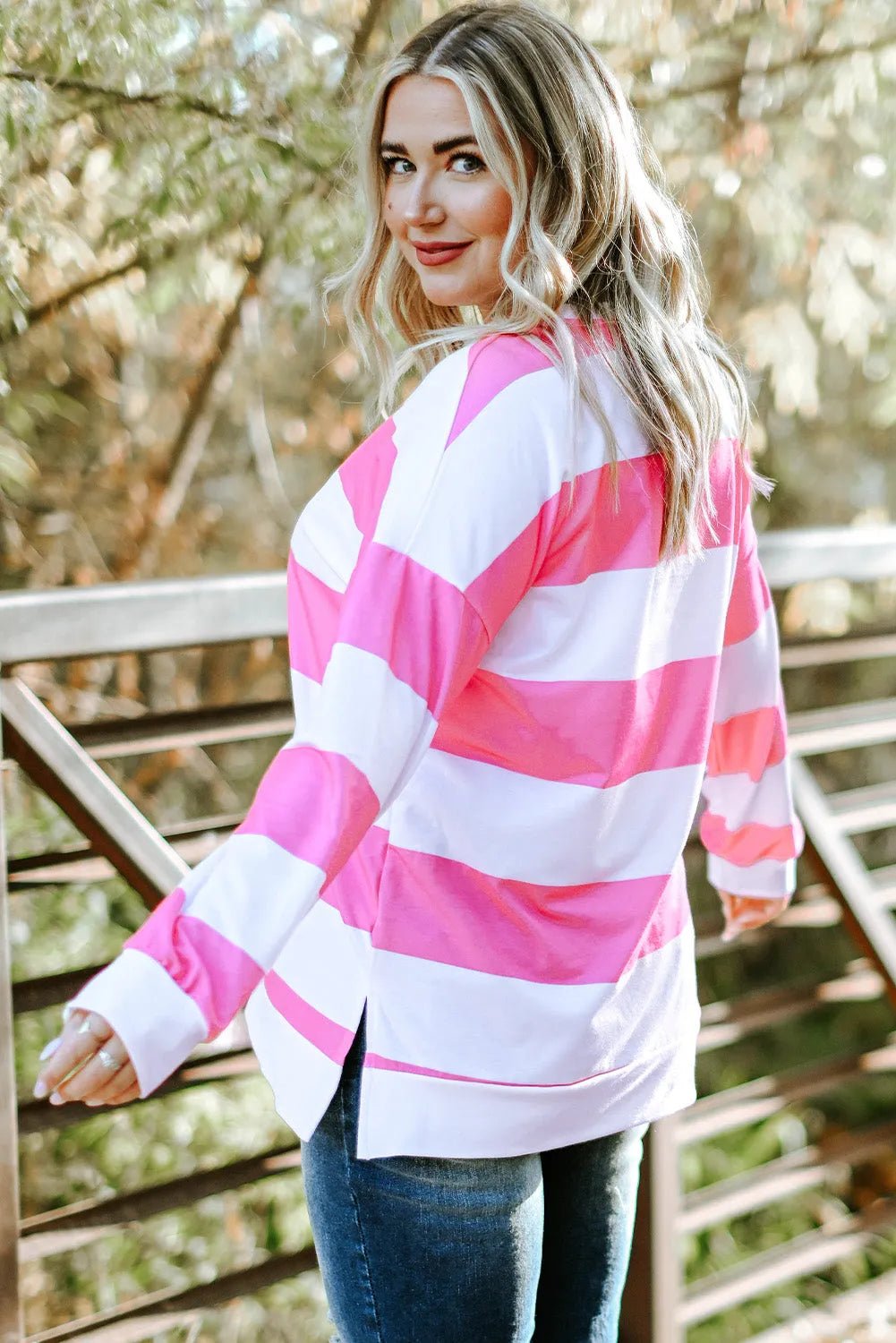 Pink Striped Side Slit Plus Size Sweatshirt - Chic Meadow Boutique 