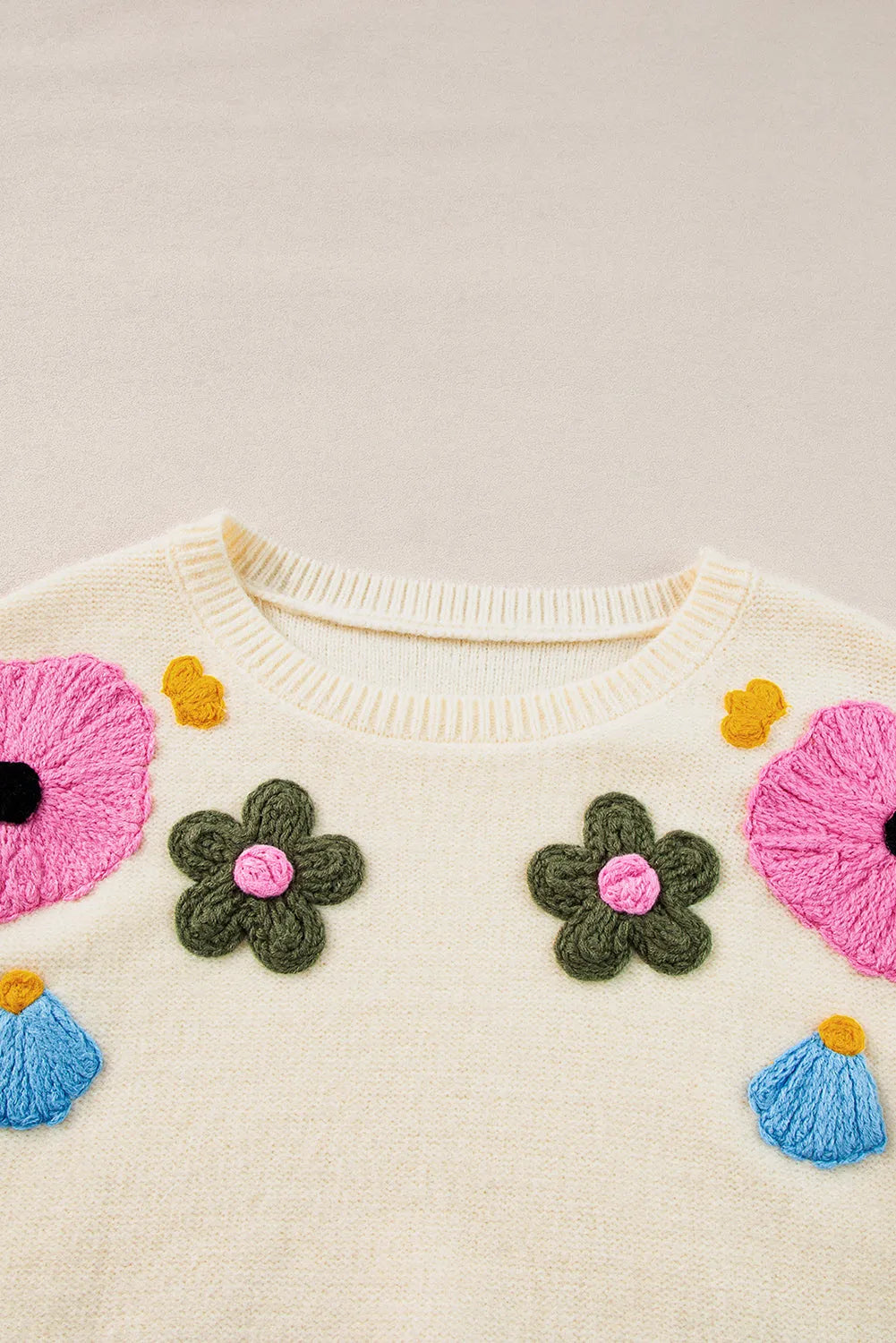 Beige Knitted Flower Pattern Ribbed Edge Sweater - Chic Meadow Boutique 