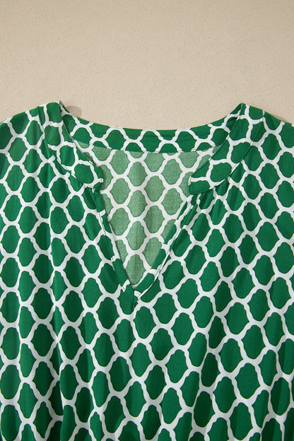 Green Plus Size Geometric Print Pocketed Ruffle Hem Casual Dress