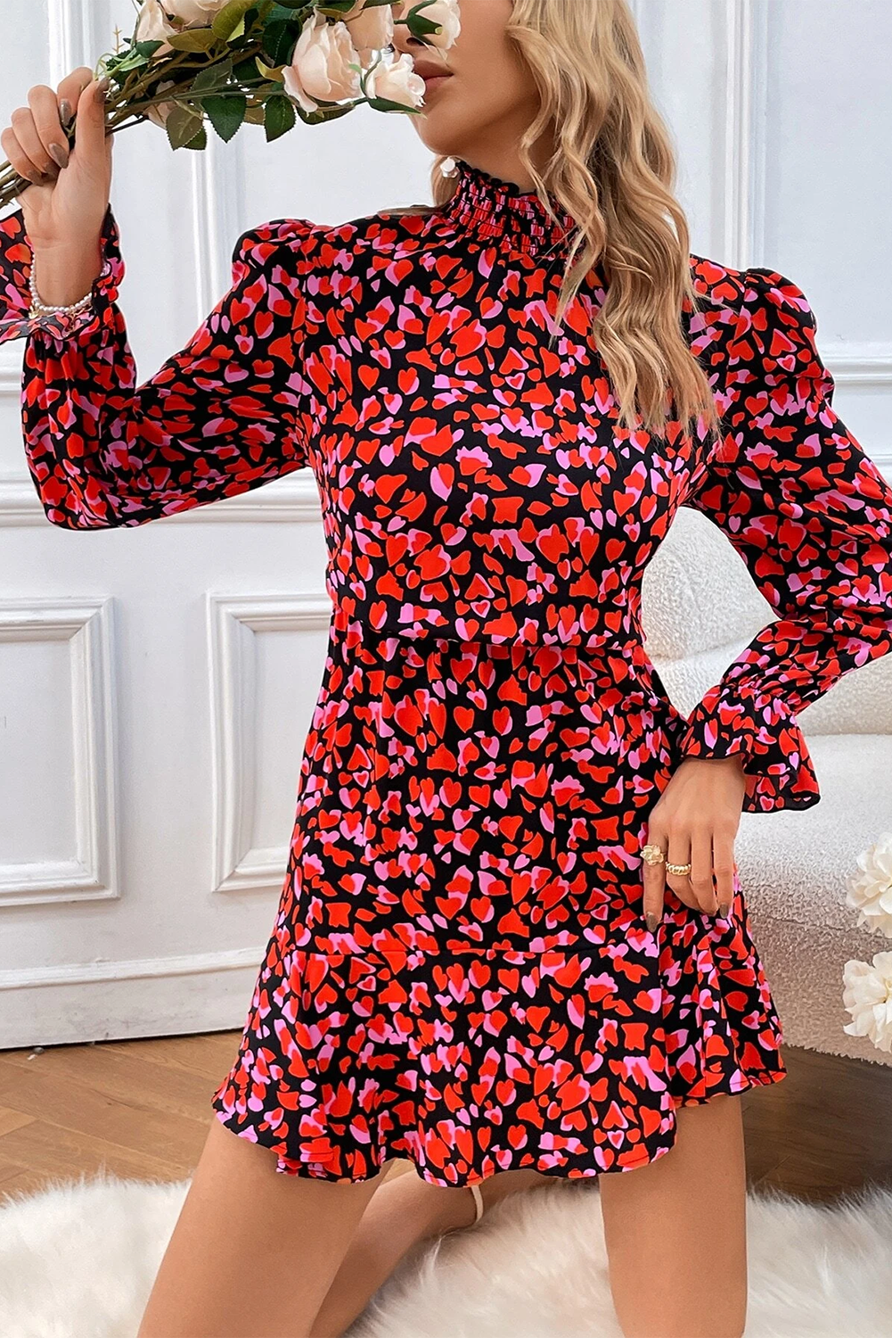 Red Valentines Day Heart Shape Print Long Sleeve Mini Dress