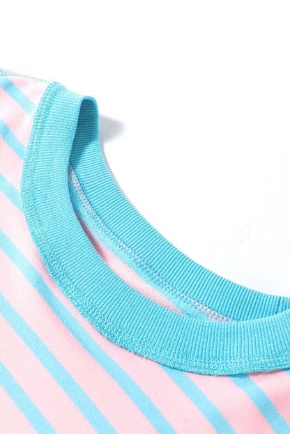 Pink Stripe Oversized Contrast Trim Exposed Seam High Low T Shirt - Chic Meadow Boutique 