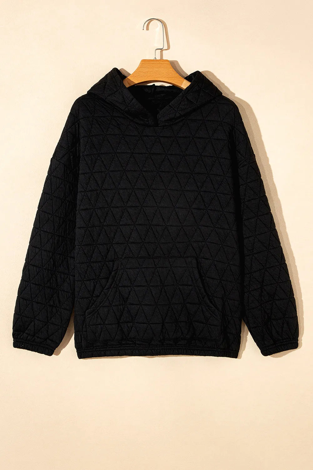 Black Solid Color Quilted Kangaroo Pocket Hoodie - Chic Meadow Boutique 