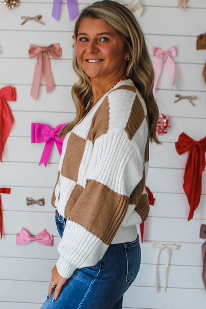 Khaki Checkered Pattern Ribbed Detail Button V Neck Sweater Cardigan