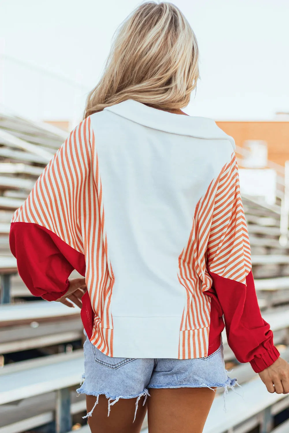 White Striped Color Block Collared V Neck Oversized Sweatshirt - Chic Meadow Boutique 